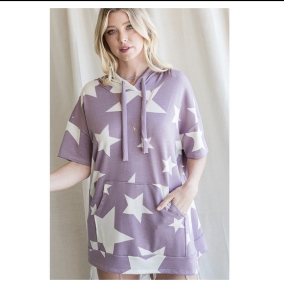 NWT Oversized Hooded Lavender Star Tee Kangaroo Pocket - Picture 3 of 12